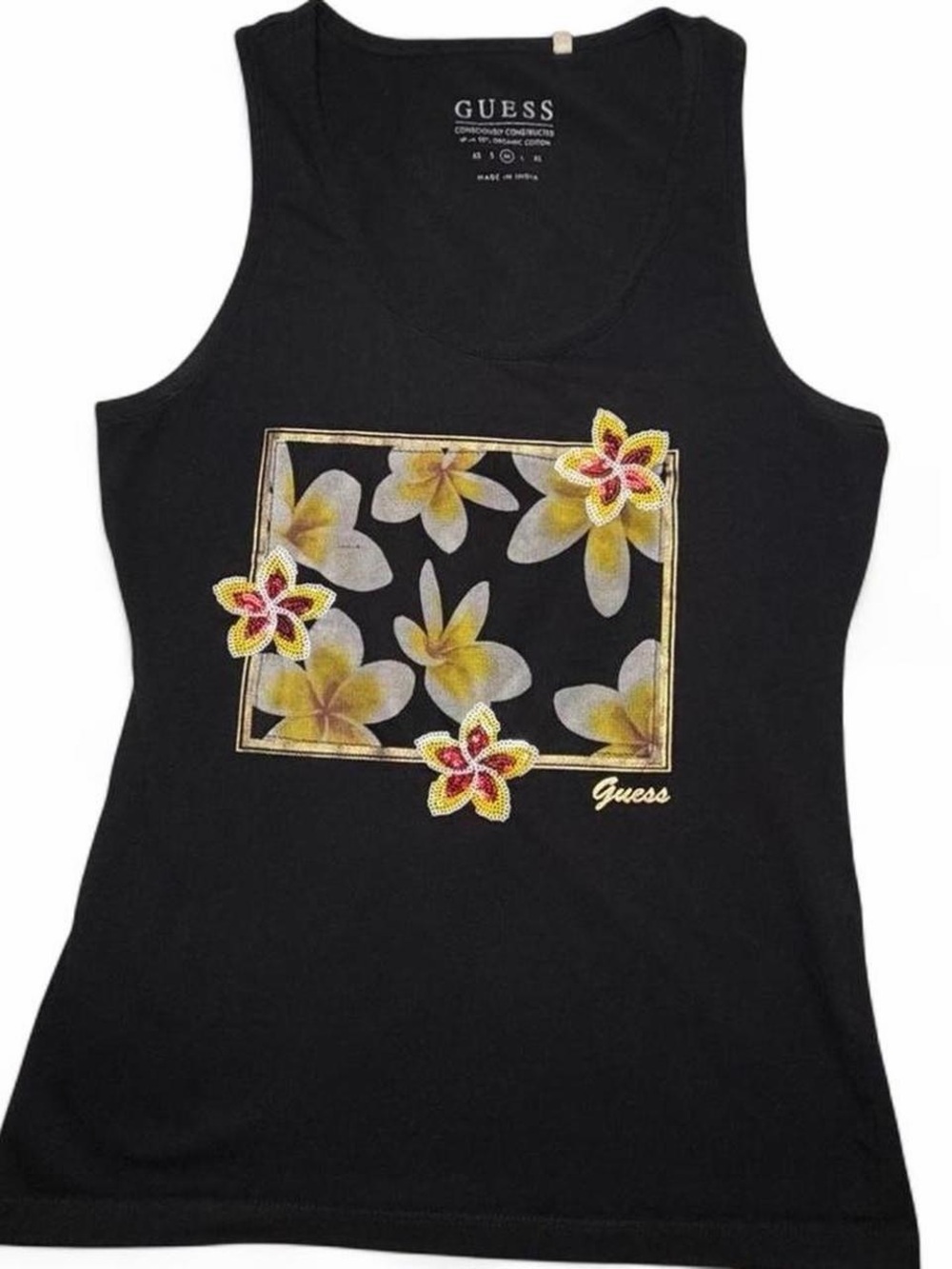 Guess Black Tank Top with Yellow & Pink Floral Appliqués